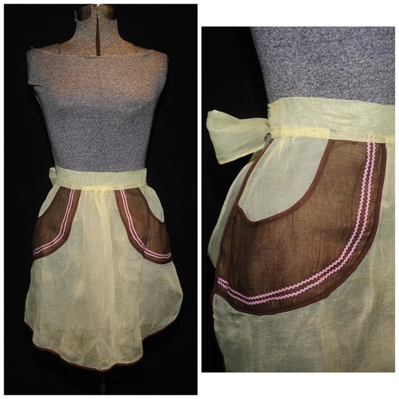 Vintage 50s Yellow Organza Fancy Hostess Apron Brown Circle Pockets w/ Rick Rack - Picture 1 of 8